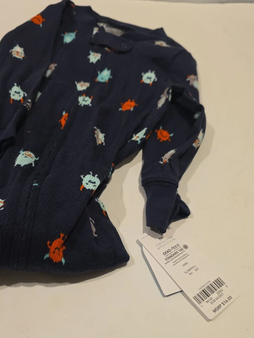 Carter's Navy Zip-Up Pajama Set with Monster Print 9months 9 Mos 9 Mo